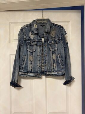 Women's Distressed Blue Denim Jacket - Casual Ripped Jean Jacket